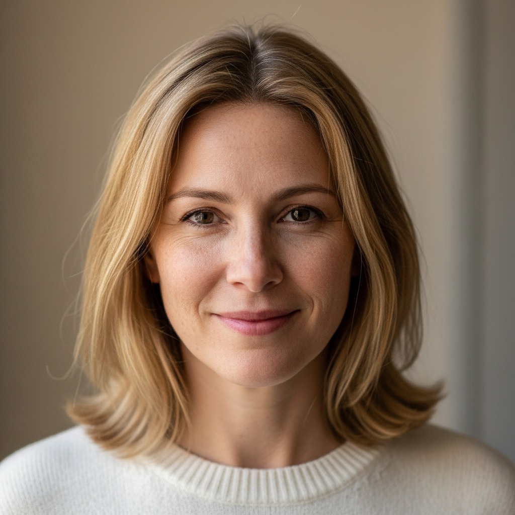 A woman with blonde hair and a gentle smile looks directly at the camera.