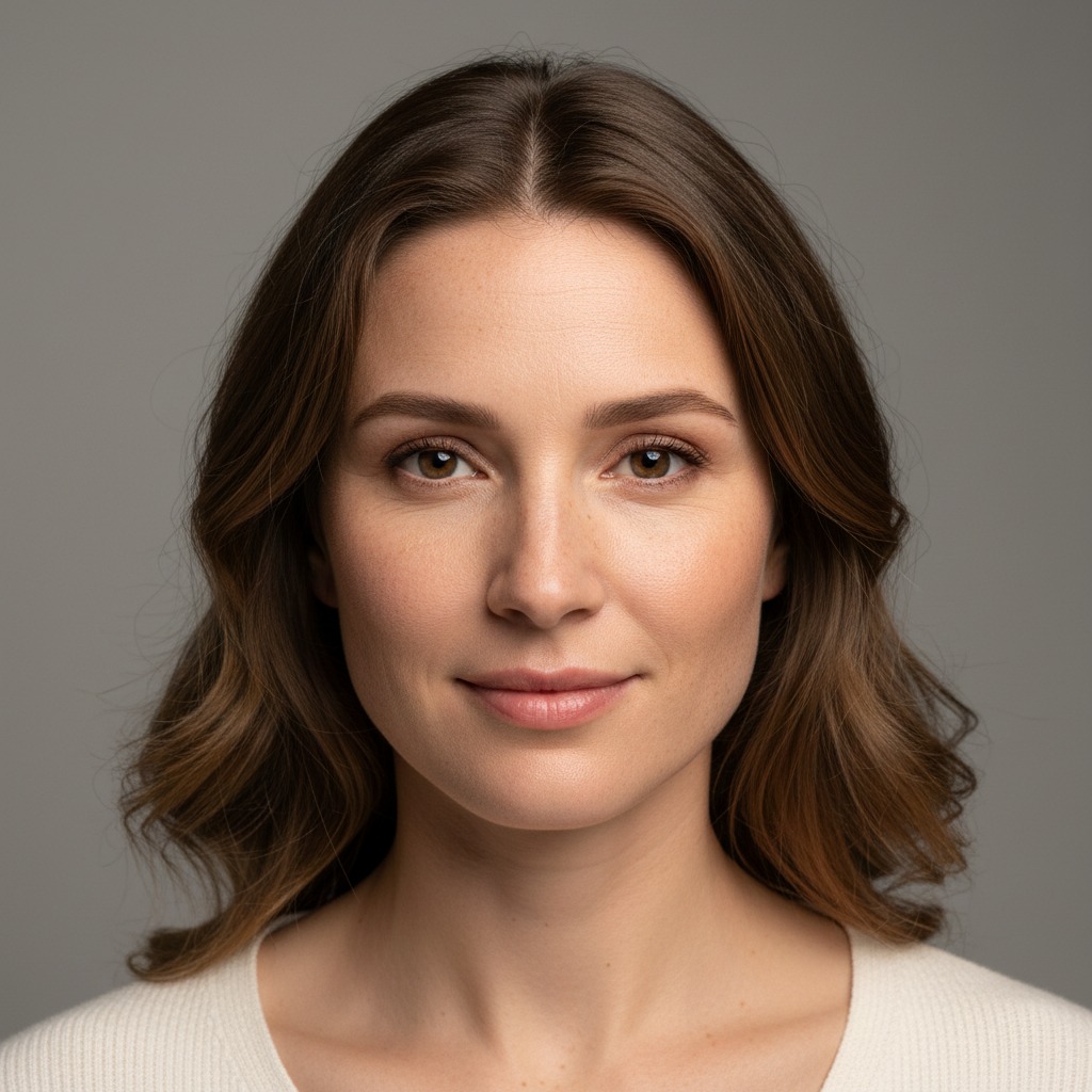 A woman with shoulder-length brown hair and a gentle smile looks directly at the camera against a neutral gray background.